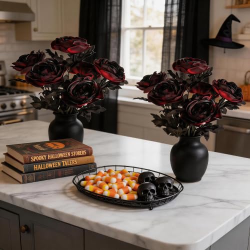 Burgundy Artificial Roses Bouquet Gothic Halloween Decor - Set of 2