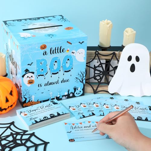 Blue Halloween Diaper Raffle Ticket Set with Box - Baby Shower Party Decorations