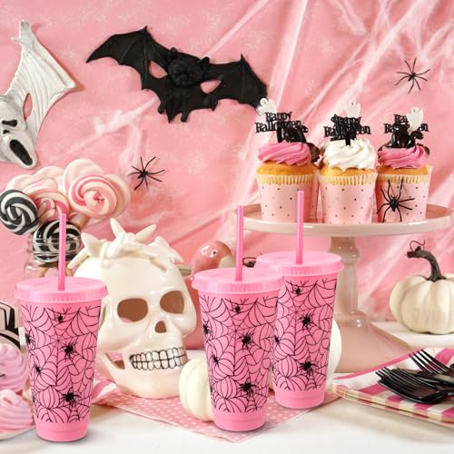 Pink Halloween Spiderweb Plastic Cups Bulk with Lids & Straws - 24 oz, Variation: Spiderweb/Pink