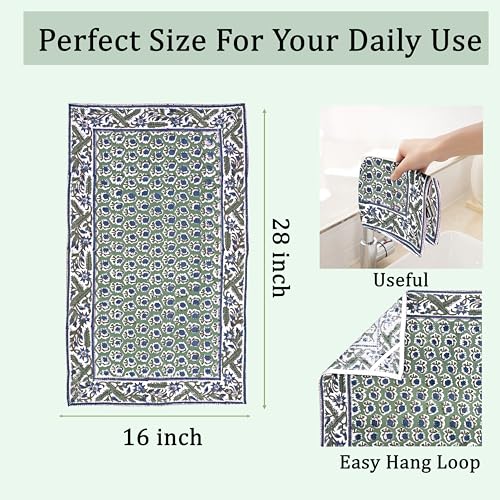 Ridhi Basil Green Hand Block Print Cotton Kitchen Towels Set - 16x28 Inch, Pack of 3