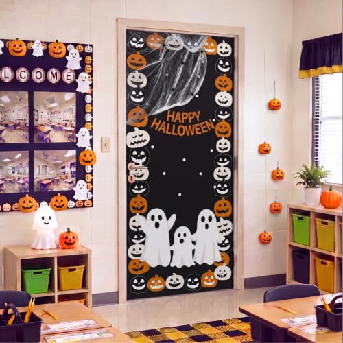 Halloween Door Sticker Decal Set with Spider Web & 5 Spiders - Pink Ghost Variation