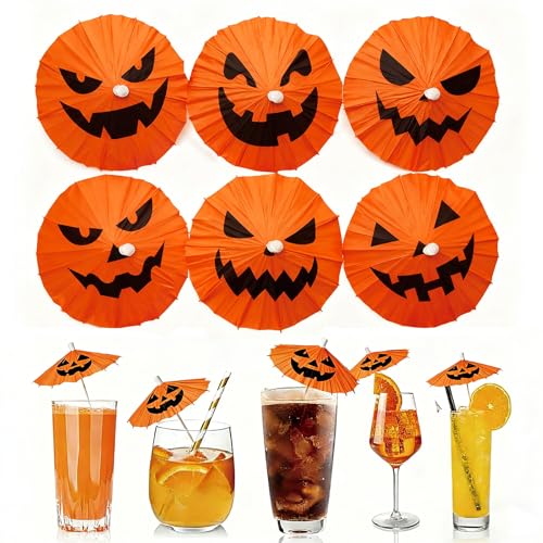 120 Pcs Summer Halloween Cocktail Umbrellas Drink Picks Pumpkin Design