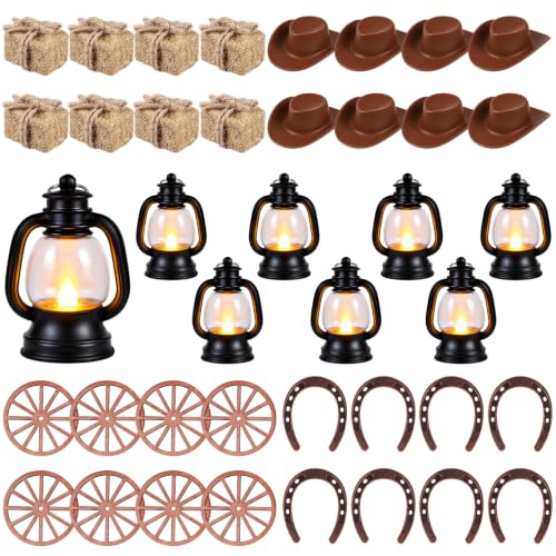 Western Cowboy Party Decorations Set - Rustic Table Centerpieces with LED Lanterns, Hats, Horseshoes, Wagon Wheels & Hay Bales, 40 pcs