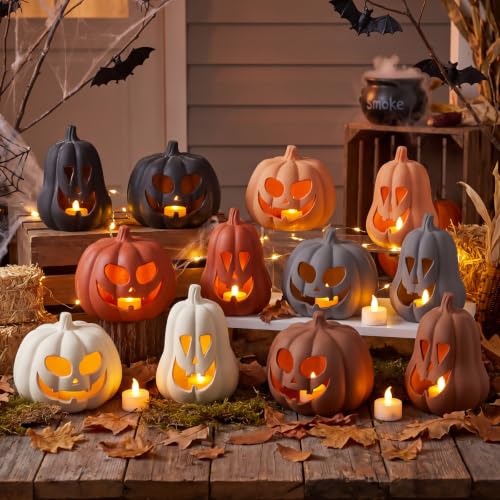 Stylish Halloween Decor Terracotta Jack O Lantern Pumpkins Set - Ghost Carved, 2 Sizes