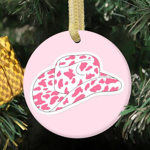 Pink Cowgirl Hat Christmas Ornament Ceramic Pendant Holiday Decor Gift