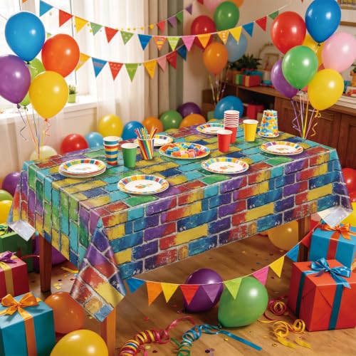 Colorful Brick Tablecloth Set for Parties - Waterproof & Reusable, 4 Pack, 51 x 86 Inches