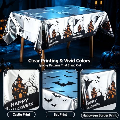 White Halloween Disposable Tablecloth 54x72 Inch with Castle & Ghost Pattern - 2 Pack