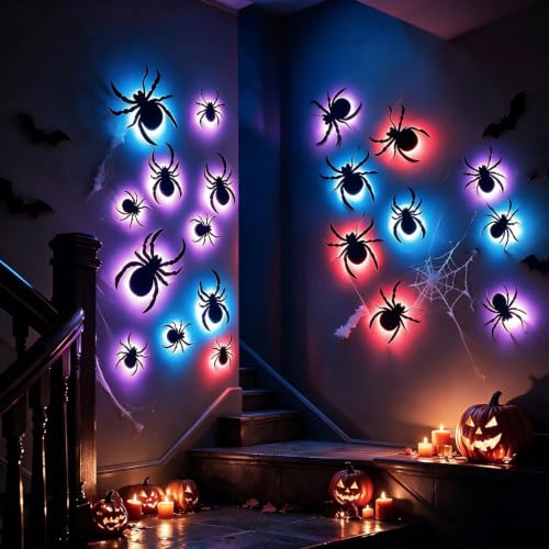 30 Pack Halloween 3D Spider Wall Decor with LED Lights and Fake Web