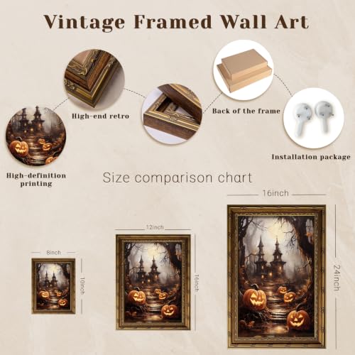 Haunted House Pumpkins Halloween Wall Art - Vintage Gold Framed Canvas, 24x16 Inches