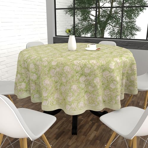 Mint Blossom Tablecloth - 90 Inch Round 100% Cotton Hand Block Print - Farmhouse & Holiday Decor