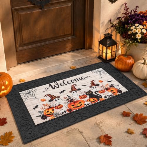 Halloween Welcome Door Mat - Cute Ghost Cat Pumpkin 18x30 Inches - Rubber Doormat