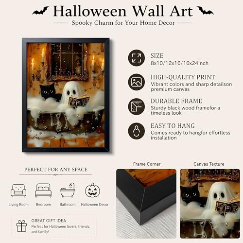 Halloween Ghost and Black Cat Wall Art - Framed 10x8 Inch Halloween Canvas Decor