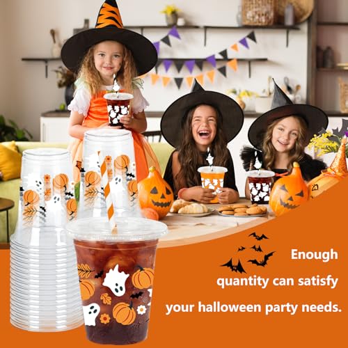 Halloween Plastic Cups with Lids & Straws - Ghost Pumpkin Design, 50 Pack, 12oz