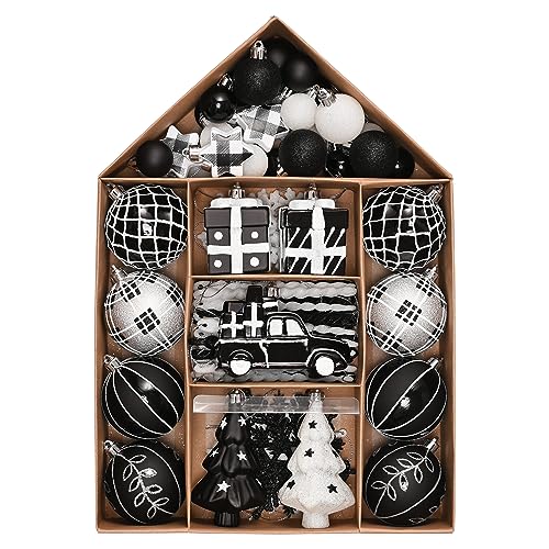 70-Pack Holiday Christmas Tree Ornaments Set - Black & White Shatterproof Decorations