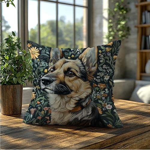 German Shepherd Dog Floral Decor Pillow Cover 18x18 - Rustic Botanical Home Accent
