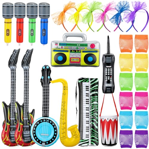 Inflatable Rock Star Toy Set with Guitars Microphones Neon Accessories for 80s 90s Party
