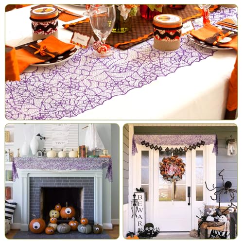 Halloween Table Runner 2 Pack - Purple Lace Spider Web 13x72 Inch for Festive Dining