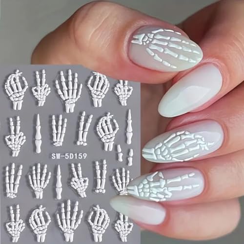 Halloween 5D Skeleton Nail Art Stickers - 2 Sheets Embossed Decals for Manicure