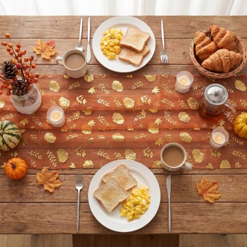Fall Gauze Table Runner 120 Inch Caramel with Metallic Foil Leaves - Artoid Mode
