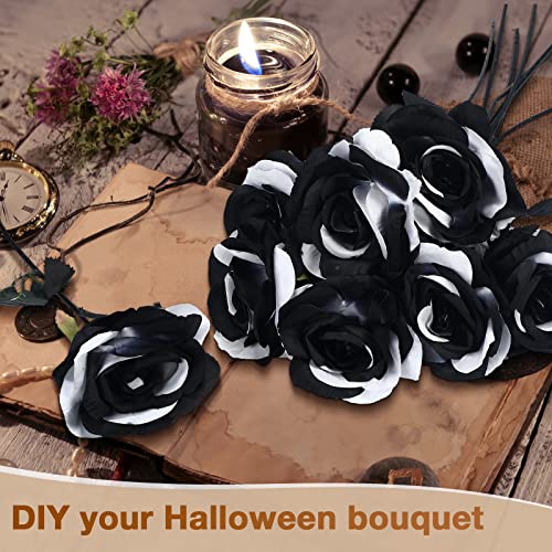 Black and White Faux Silk Rose Flowers with Long Stems - 30 Pack