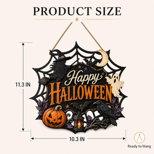 Wooden Halloween Wreath for Front Door Indoor Outdoor Decor - Pumpkin Ghost Witch Design