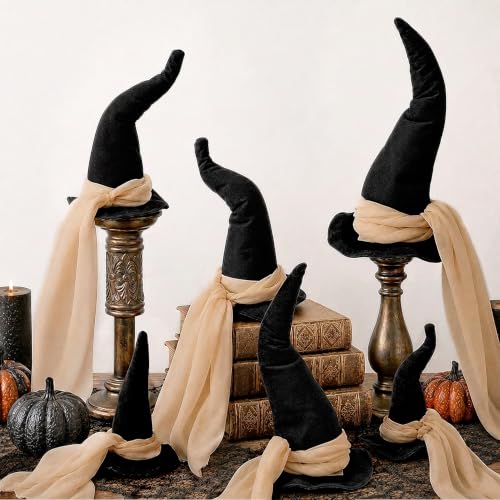 Halloween Witch Hat Centerpieces Set - 6 Pcs, 3 Sizes with Gauze Ribbon - A Style