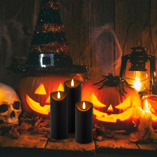 Flickering Flameless Candles Set - Battery Operated LED Pillar Candles with Remote & Timer - Ivory & Black, 12 Pack
