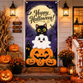 Halloween Door Banner - Black Cat Ghost Pumpkin Porch Decor, 72x35 Inch