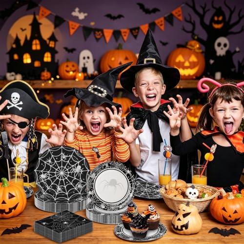 Halloween Paper Plates and Napkins Set - Serves 60 Guests, Spider Web Design
