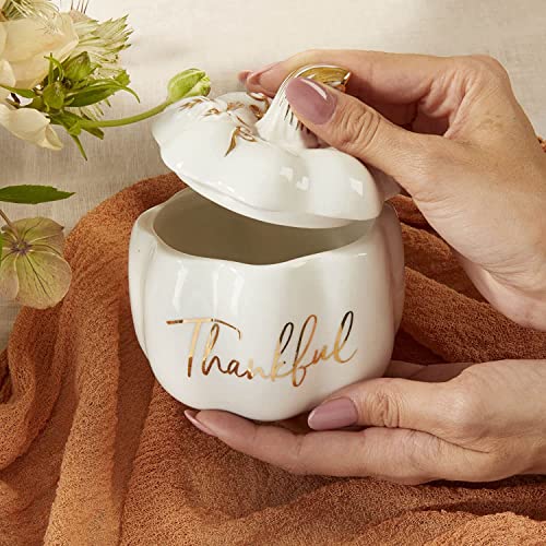White Ceramic Pumpkin Bowl with Lid - Fall Thanksgiving Decor & Candy Dish
