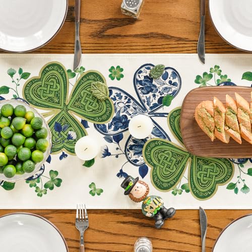 Blue and White Porcelain Shamrocks Table Runner 13x72 Inch for St. Patrick's Day Kitchen Decor