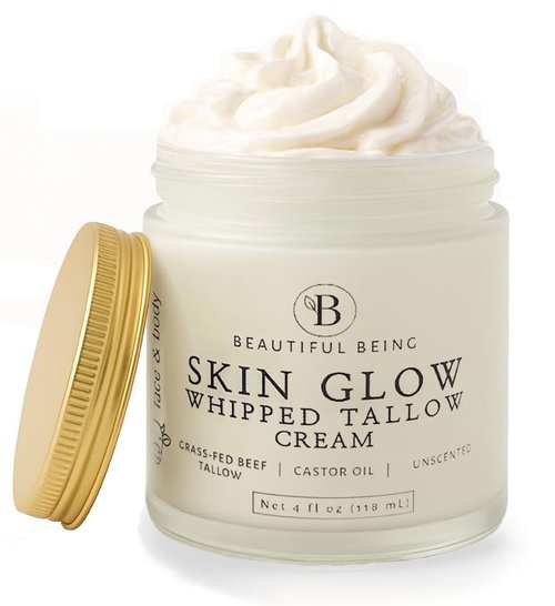 Beautiful Being SKIN GLOW - Grass-Fed Whipped Beef Tallow Moisturizer for Face & Body, for Dry + Sensitive Skin Relief, Non-Toxic, Ancestral Skincare - Castor Oil Infused, (UNSCENTED, 4oz)