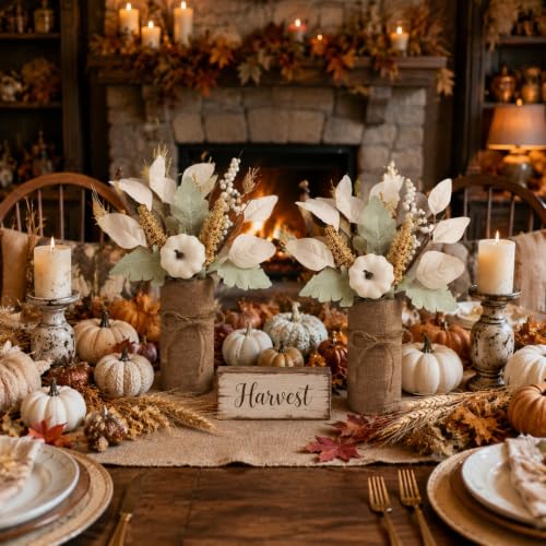 White Fall Centerpieces for Tables Set of 2 - Autumn Pumpkin Eucalyptus Decor