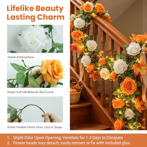 GREENTIME 2-Pack Orange White Flower Garland - 6.5Ft Rose Vine Decor