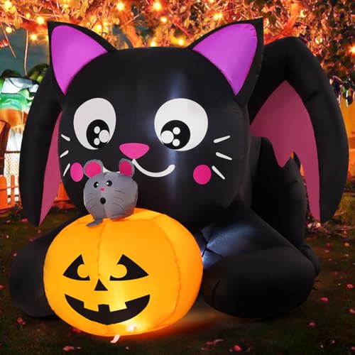 5 Ft Halloween Inflatable Cat with Pumpkin Outdoor Decor, LED Lights