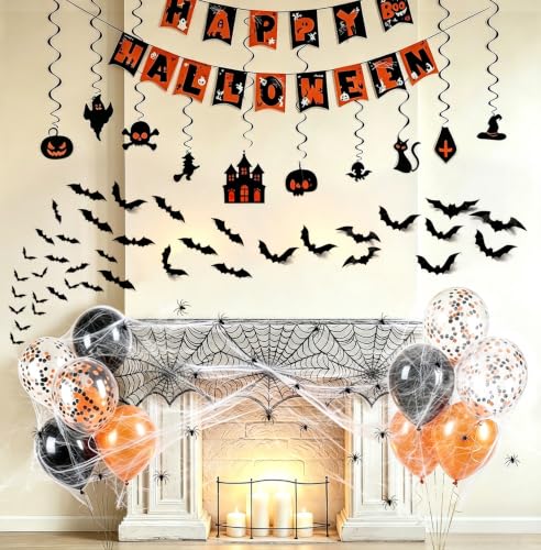 Halloween Indoor Party Decorations Set with Mantel Scarf, Bats, Webs & Balloons