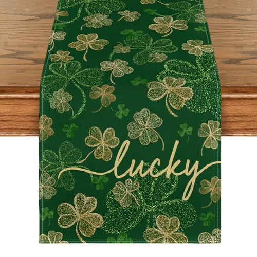 Lucky Shamrocks Table Runner 13x72 Inch Green St. Patrick's Day Decor Irish Kitchen
