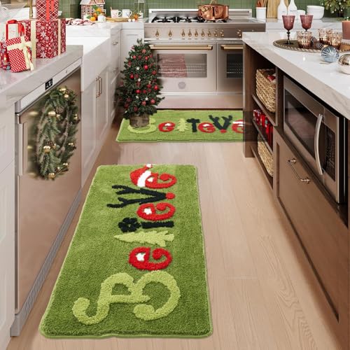 Green Christmas Believe Runner Rug with Snowflakes and Reindeer - Non-Slip Winter Decor, 47x20 inches