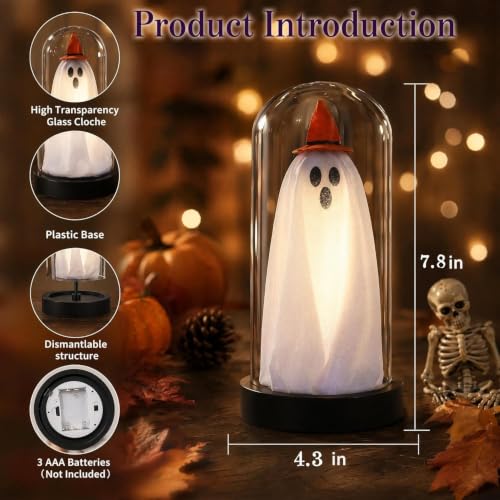 Light Up Ghost in Glass Cloche Halloween Decor - Yellow Hat Variant