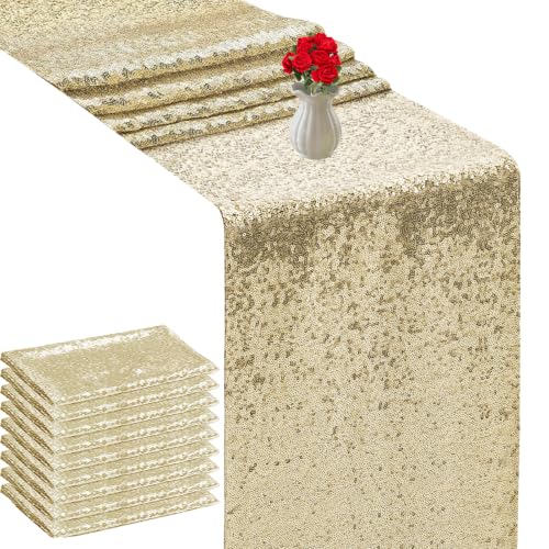 Champagne Sequin Table Runner 12x72 Inches for Wedding & Party Decor - 10 Pack
