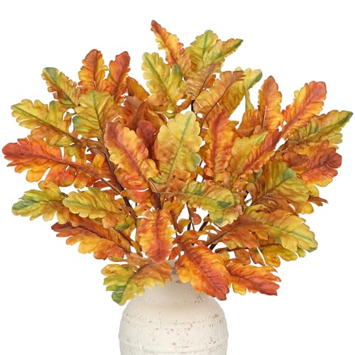 Artificial Fall Oak Leaf Branches - 5 Pcs Autumn Decor Stems in Orange - 18 Inches