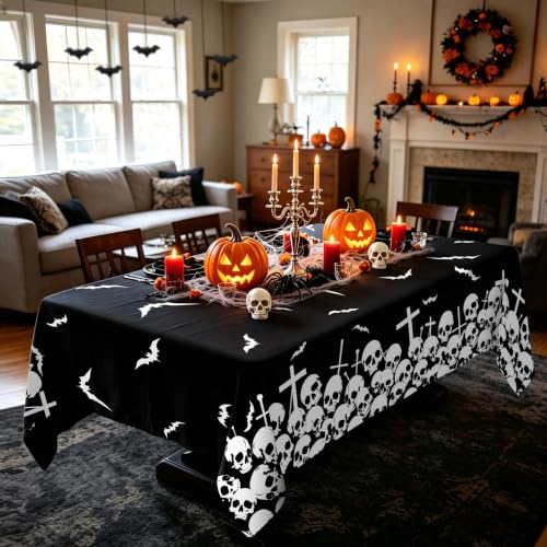 Halloween Rectangular Tablecloth 60 x 120 Inch Spooky Skull Flying Bat Design - Washable Indoor Outdoor Holiday Decor Variation of THIS listing
