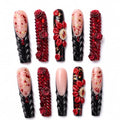 Halloween False Nails Long Square Acrylic Press-On Set with 3D Red Roses - Handmade, Reusable, Glamorous Design - Variation HM-LS-11