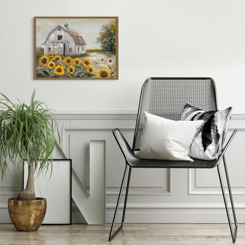 Barn Sunflower Wall Art Canvas - Rustic Farmhouse Decor, 16x12 Inch, Ready to Hang