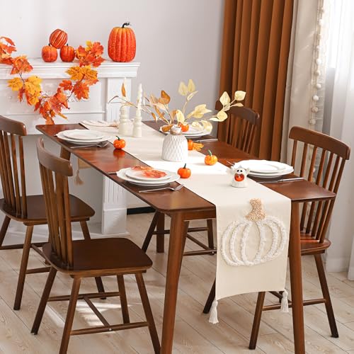 Halloween Beige Pumpkin Embroidered Table Runner with Tassels 13x72 - Pack of 1