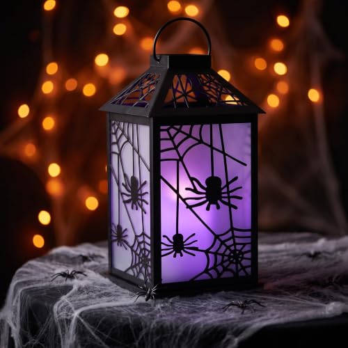 Halloween Candle Lantern with Spider Web Design - Indoor & Porch Decor, Spooky Spider Variation