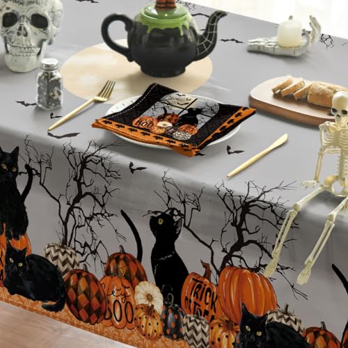 Halloween Tablecloth 60x60 Inch Round Pumpkin Moon Cat Trees - Black & Orange
