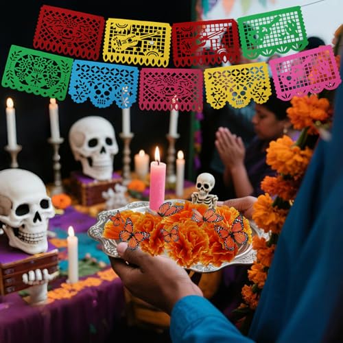 Day of the Dead Decorations Set - Orange 71 Pcs with Marigolds, Banners & Butterflies