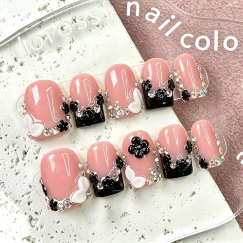 Handmade Short Black French Tip Press On Nails - Square Fake Nails with Variation: Handmade-Designs2