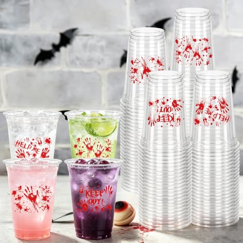 Bloody Handprint Halloween Plastic Cups 14oz - 50 Pack, Spooky Horror Decor